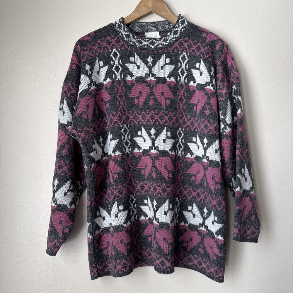 Vintage Needles and Yarn Womens Size L Fair Isle Sweater Gray‎ Thick Preppy
